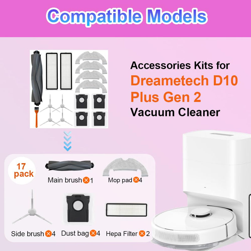 [Australia - AusPower] - D10 Plus gen 2 Replacement Parts Accessories Compatible with Dreame D10 Plus Gen 2 Robot Vacuum Cleaner, Including 1 Main Brush, 2 Hepa Filters, 4 Mop Pads, 4 Edge-Sweeping Brushes, 4 Dust Bag 