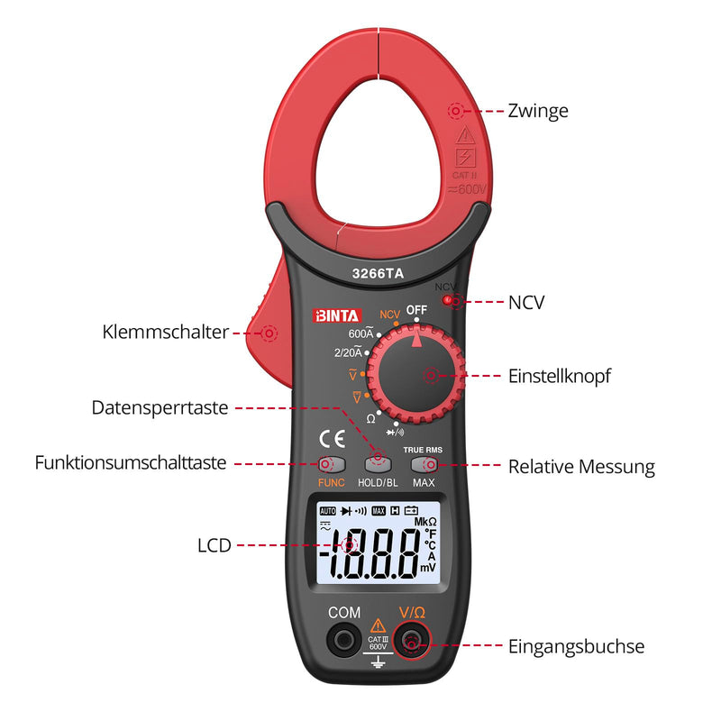 BINTA Current Clamp 600A 2000 Counts TRMS Auto Ranging AC/DC Current | Digital Current Meter Clamp Meter with LED Backlight AC/DC for Voltage Current Resistance Diodes NCV 2,000 count