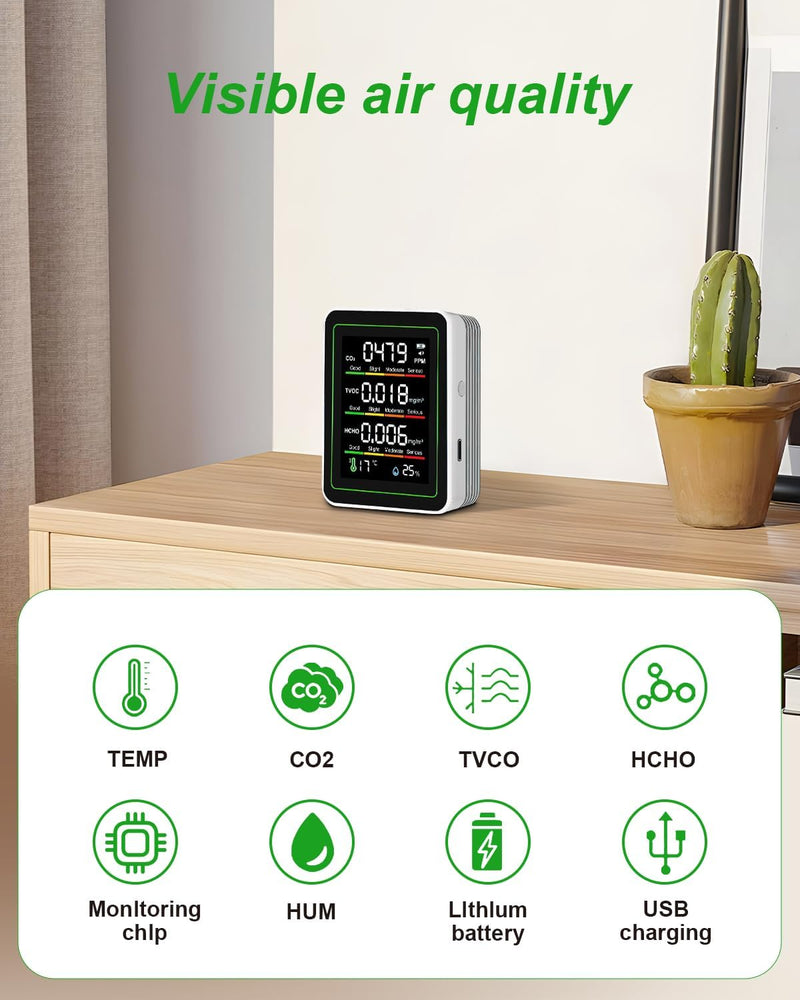 [Australia - AusPower] - Indoor Air Quality Monitor, 5 in 1 Portable Smartair Quality Tester for CO2 | TVOC | HCHO | Temp | Hum for Home Cars Plants and Pets So On White 