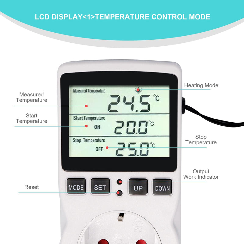 [Australia - AusPower] - Digital Thermostat Temperature Controller Digital LCD Temperature Controller Multifunctional with Timer and Probe for Greenhouse Aquarium Heater Terrarium Aquarium Reptile Incubator 