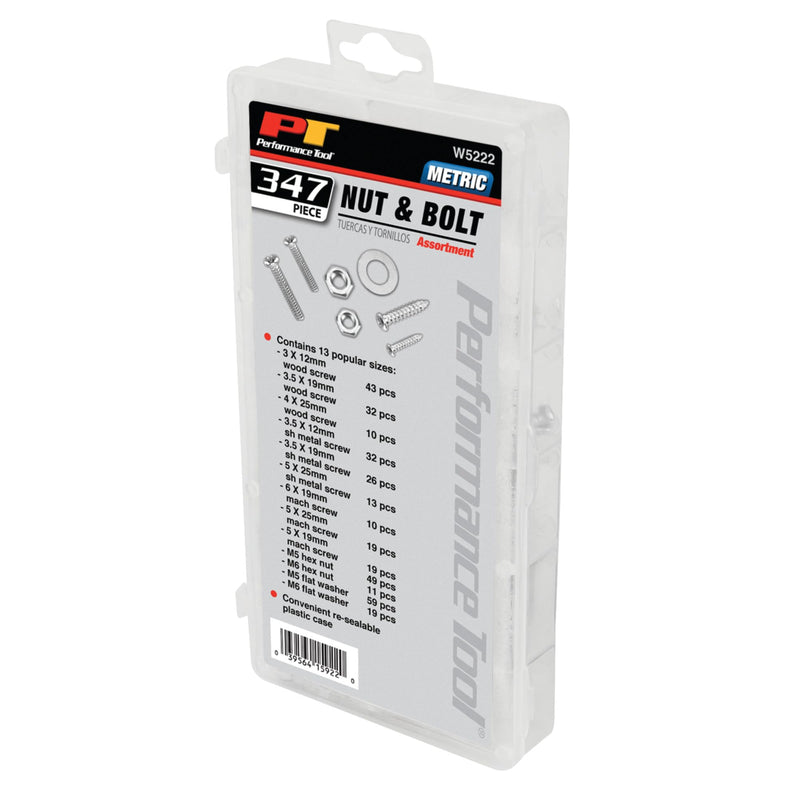[Australia - AusPower] - Performance Tool W5222 347pc Metric Nut Bolt Assortment With Case 347pc Nut Bolt Kit (Metric) 