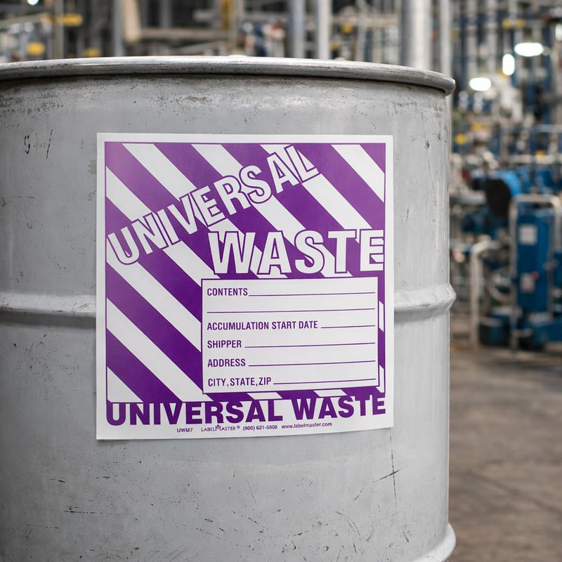 Universal Waste Labels, 6 x 6 inches, Purple/White, Self-Adhesive Vinyl, Pack of 25