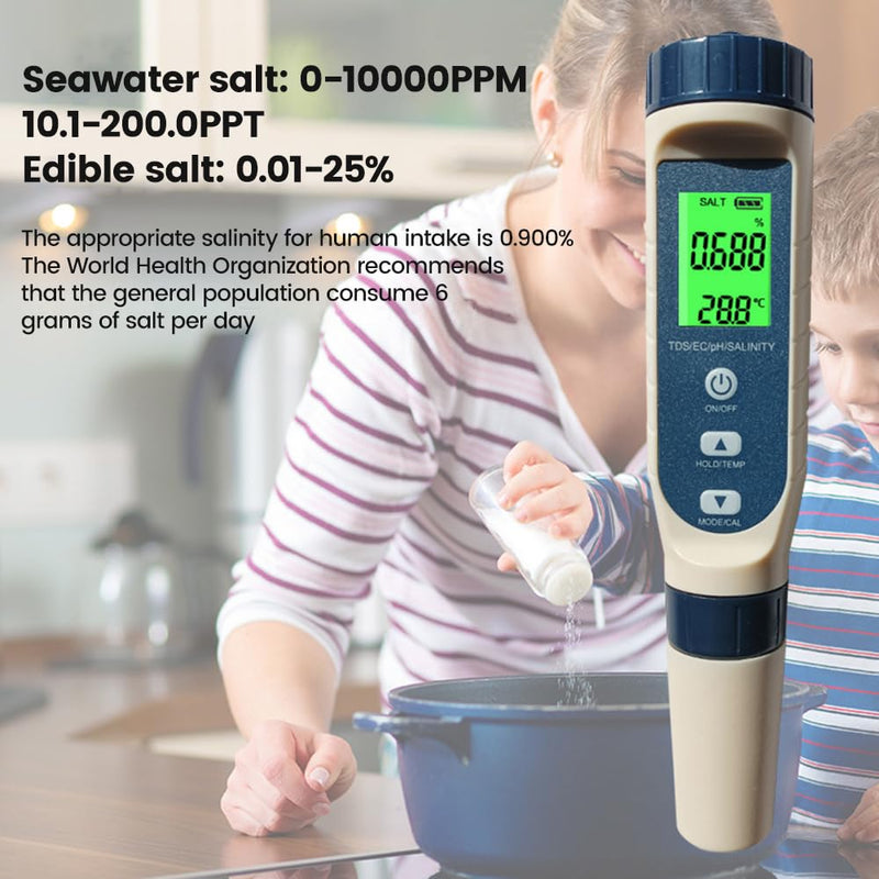 [Australia - AusPower] - diymore Aquarium PH Meter for Water Pool Salt Tester,Digital Salinity Meter Tester and PH Tester for Pool Saltwater Water,5 in 1PH,EC,TDS,PPM,Temperature,Easy to Read,for Drinking Water,Wine,Food 