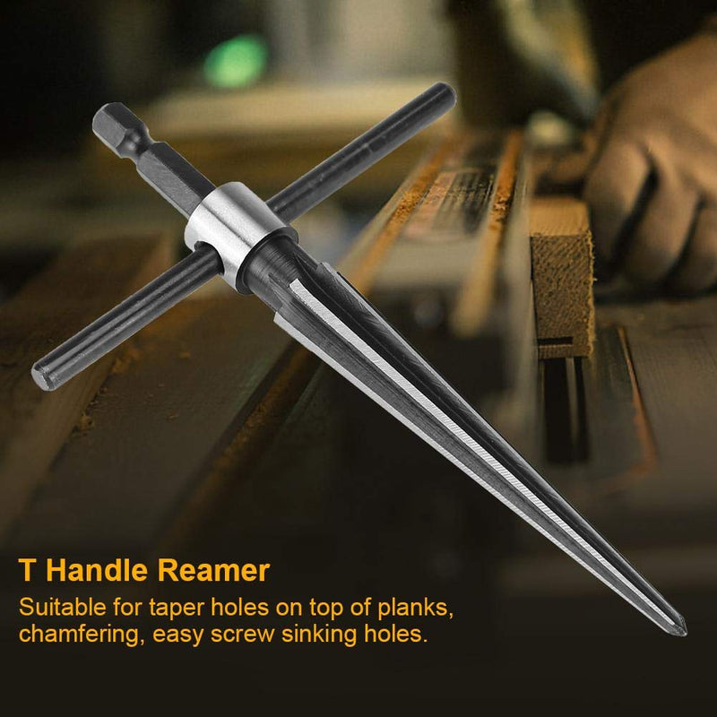 Handheld T Shape Tapered Hex Reamer Bridge Pin Hole Carbon Steel, Handle Drilling Tool for Taper Holes on Top of Planks, Chamfering, Screw Sinking Holes