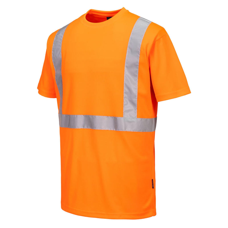 Portwest S198 Hi Vis Pocketless Short Sleeve T Shirt Moisture Wicking Safety Workwear with Reflective Tape, Orange, L Large