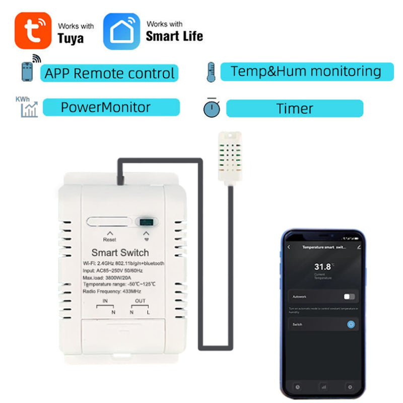 WiFi Temperature Controller Sensor Module: White 1M Sensor Tuya Smart Life App Control, Time and Scene Control 16A 3000W with Power Meter, RF433 Temperature Sensor Alexa, for Home