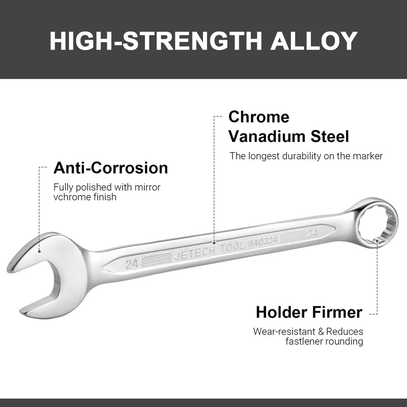 Jetech 24mm Combination Wrench - Industrial Grade Spanners with 12-Point Design, 15-Degree Offset, Durable Chrome Vanadium Steel in Sand Blasted Finish, Metric Single Metric 24mm