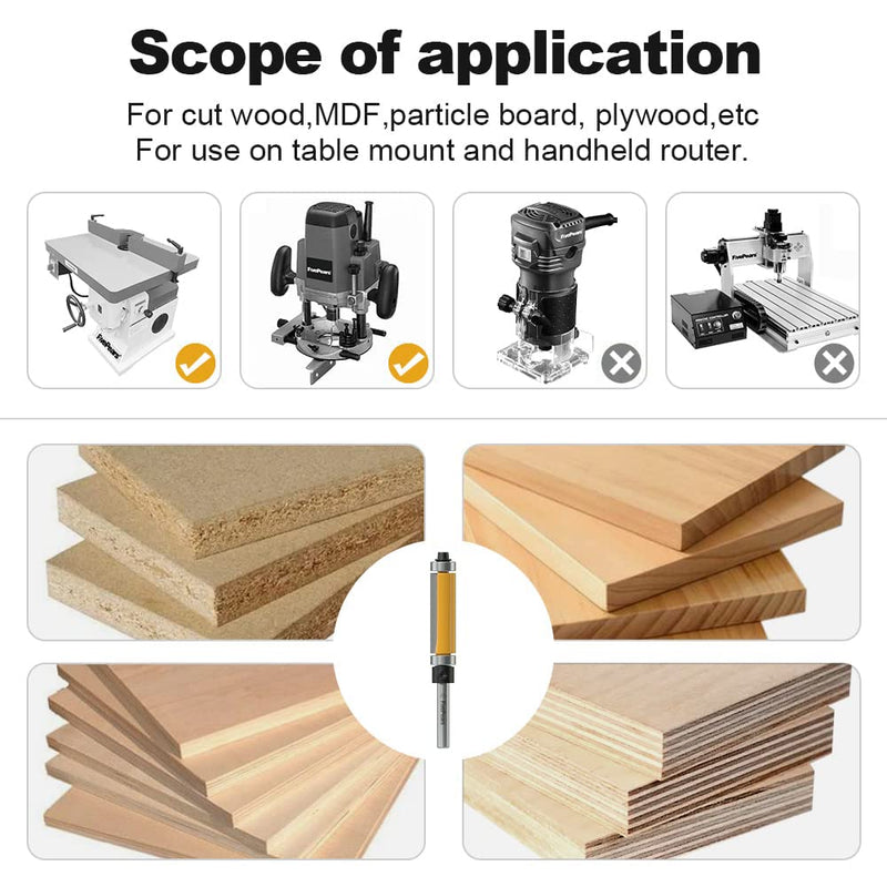 [Australia - AusPower] - FivePears 4 PCS Top and Bottom Bearing Flush Trim Router Bits Set 1/4 Inch Shank, 1/2 Inch Cutting Diameter, 3/4", 1", 1-1/4", 1-1/2" Cutting Length 4 Bits Set - 1/4" Shank 