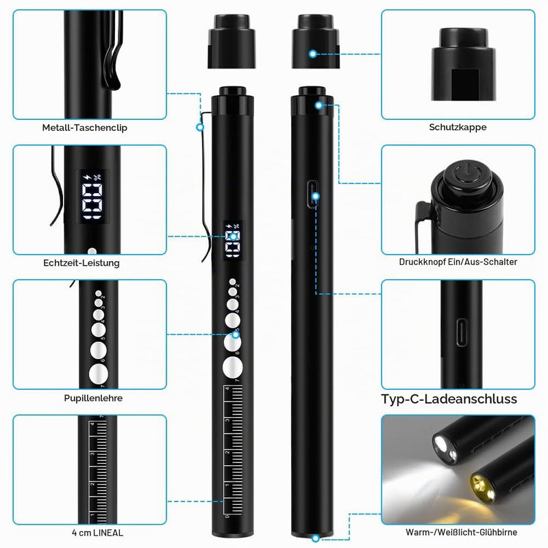 Flintronic Upil Light Medicine, 1 Piece Diagnostic Light with Digital Display, Pupil Meter and Ruler, Rechargeable USB LED Pen Lamp for Nurses, Students, Doctors (Black) Type-c-black 1 Piece