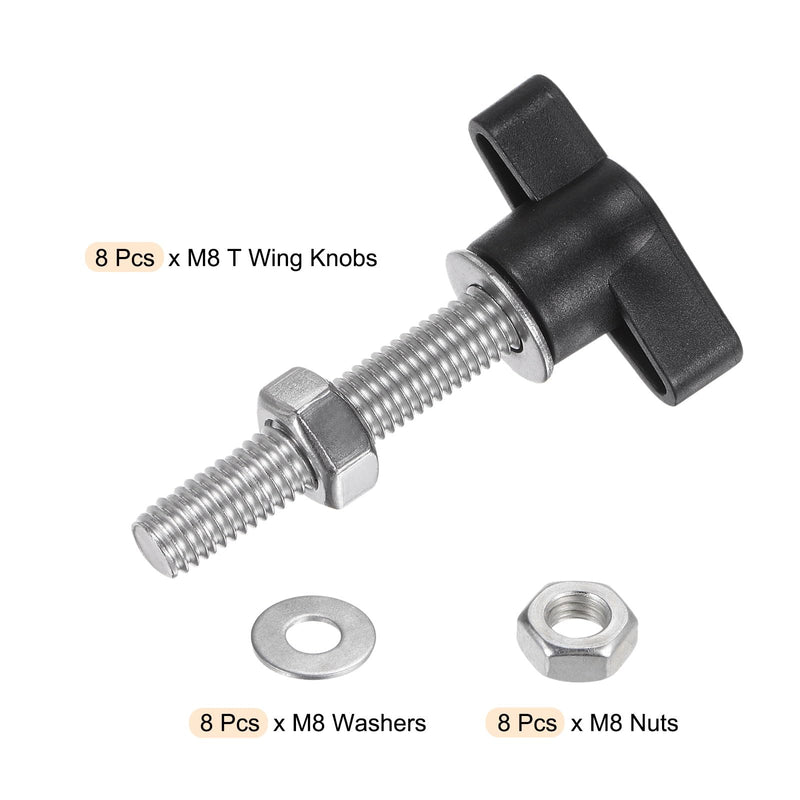 [Australia - AusPower] - HARFINGTON 8pcs Tee Wing Knobs M8 x 45mm Metric 304 Stainless Steel Threaded Stud 36mm Z/T Head Plastic Handles Thumb Screws Hand Clamping Knob Grip Thumbscrew with Nuts Washers, Black 