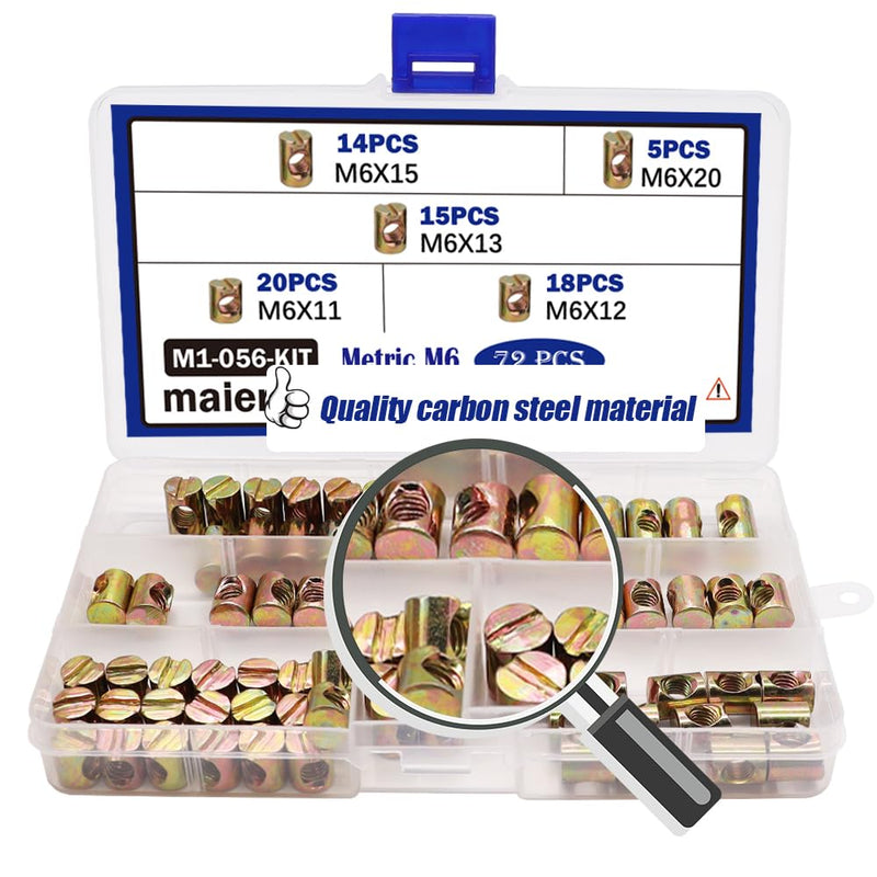 [Australia - AusPower] - 72PCS Metric M6 Barrel Bolts Cross Dowel Slotted Nuts Furniture Nuts,M6 x 11mm/12mm/13mm/15mm/20mm Nuts Kit for Beds Crib Chairs M1-056-kit 