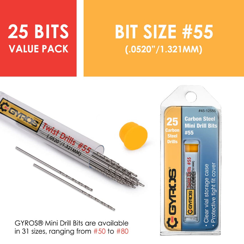 [Australia - AusPower] - GYROS 12 PCS #55 Micro Drill Bit Set – Small Drill Bits for Jewelry, Plastic, Resin, & Soft Metal – Carbon Steel Wire Gauge Mini Twist Drill Bit Set for Pin Vise Hand Drill & Rotary Tool #55 (.0520”/1.321MM) 