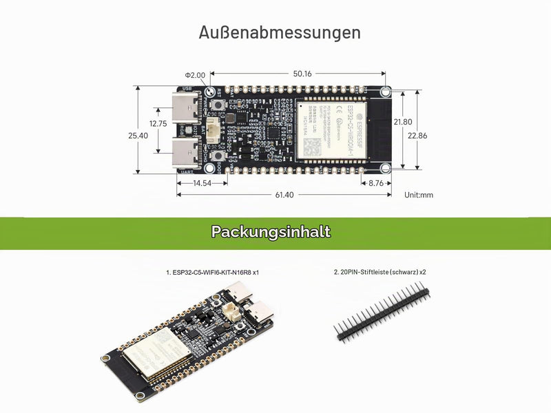 ESP32-C5 5GHz/2.4GHz Dual-Band Wi-Fi 6 Development Board, Based on ESP32-C5-WROOM-1 Module, 240MHz RISC-V Processor, Supports BLE 5/Thread/Zigbee Radio Communication, 16MB Flash, 8MB PSRAM