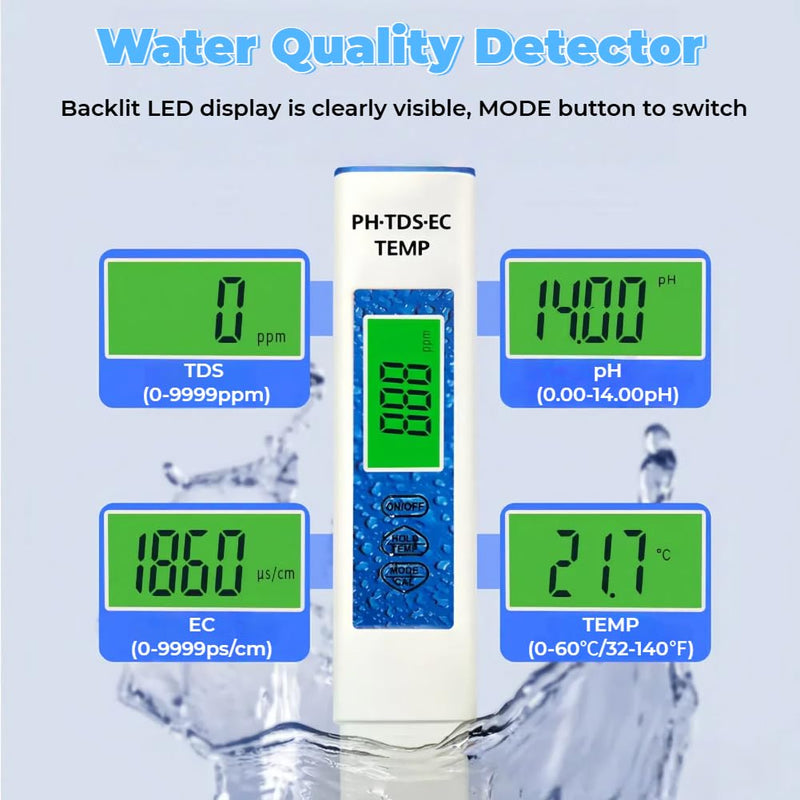 [Australia - AusPower] - 4 in 1 pH Meter for Water PH/TDS/EC/Temp Multi-Function Water Quality Tester High Precision Digital pH Meter for Hydroponics, Pool and Aquarium 