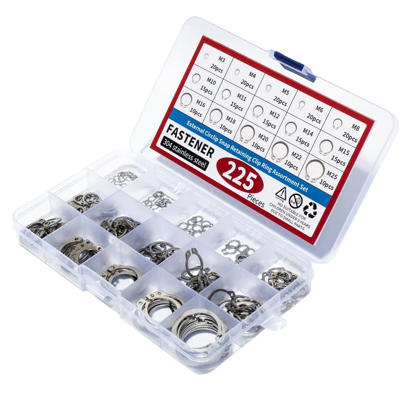 225Pcs External Retaining Rings Snap Rings Assortment Kit, 304 Stainless Steel External C-Clip Set, 15 Sizes Circlip Snap Rings M3 - M25… 225pcs C-clip stainless steels