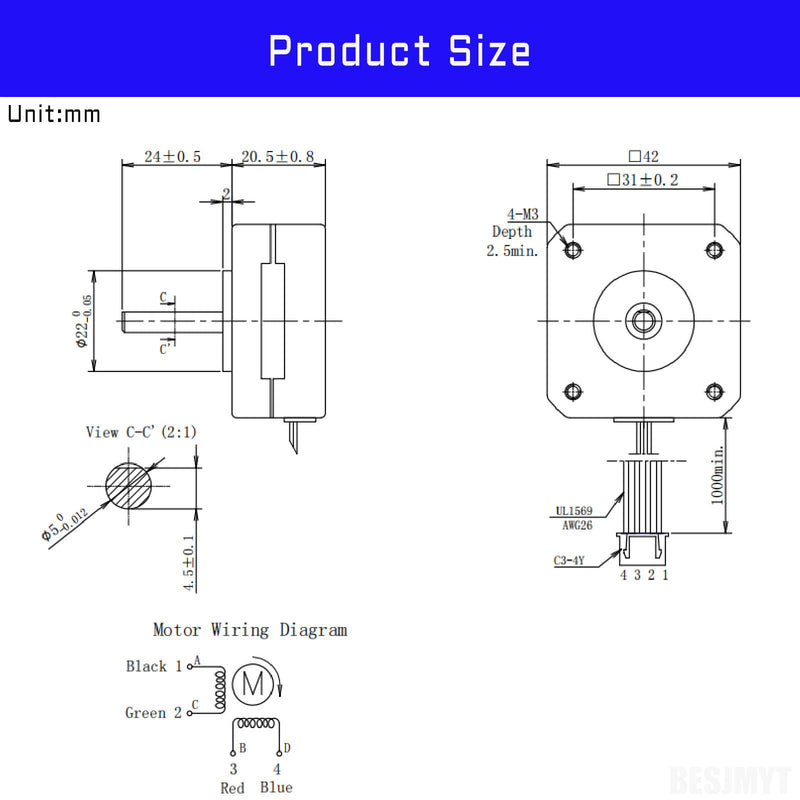 Nema 17 Stepper Motor 3PCS High Accuracy 145mNm/20.53oz.in High Torque 20.5mm(0.81inch? Bipolar 1A-3.5V 1.8 Degree 2 Phase 4 Lead for 3D Printer/CNC Machine Tool