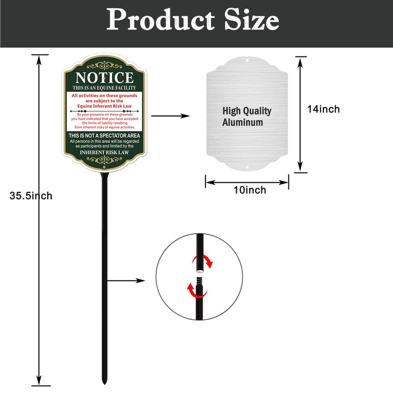 Equine Liability Sign with Stake, Horse Barn Stable Farm Statute, Aluminum Metal Sign With 35" Total Length Durble Stake, Heavy Duty Weather Resistance