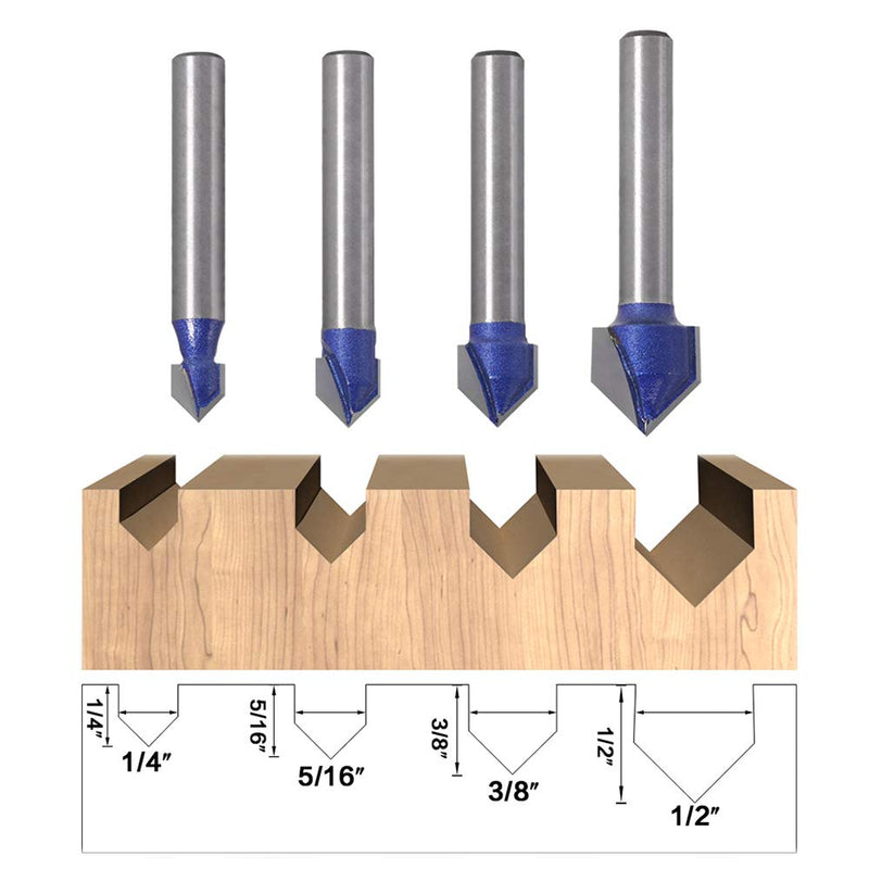 Yakamoz Industrial Grade 1/4-Inch Shank 90 Degree V Groove Router Bit Set CNC Engraving V Grooving Bit Cutter for 3D Signmaking Lettering Carving Woodworking Tool, Cutting Dia. 1/4", 5/16", 3/8", 1/2" V Groove Router Bits