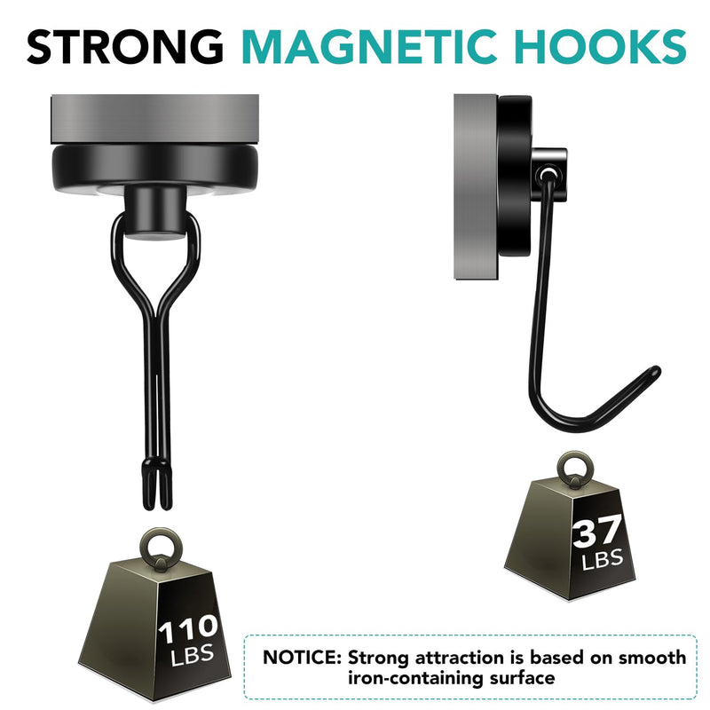 DIYMAG Black Magnetic Hooks, 110LBS Strong Magnetic Hooks heavy duty, Strong Magnet Hooks with Metal Hanger for Hanging Refrigerator Home Kitchen Office, 8Pack 110lbs+ 8P