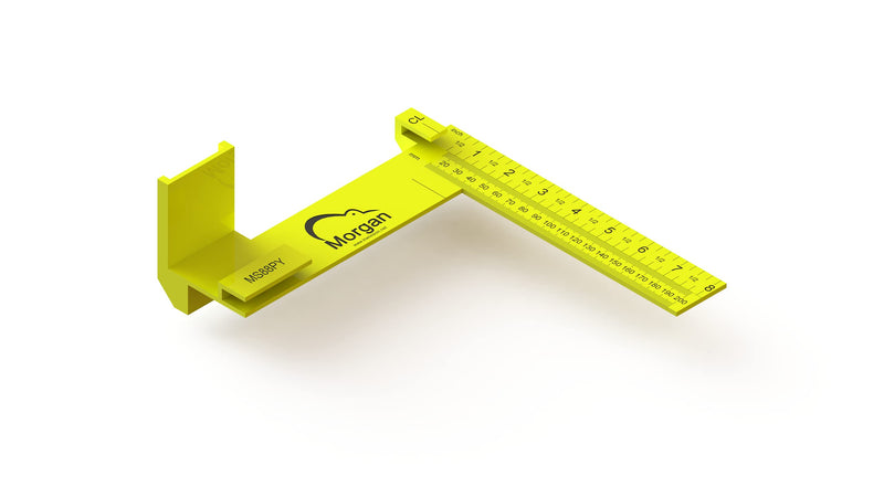 Kiwi Vision® Morgan™ Square Yellow 8-inch: Single Motion Measuring & Marking, Centerline Mark, Tongue is 1 1/2, Pencil Holder, 1 1/2 Mark for Openings, Imperial and Metrics, Tape Measure Mount