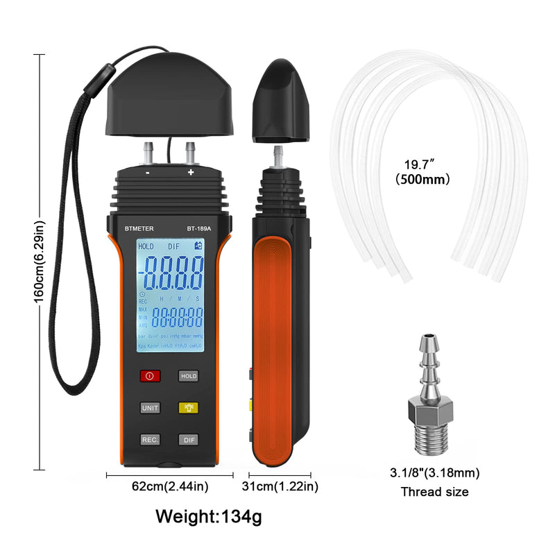 [Australia - AusPower] - BTMETER Manometer HVAC Gas Pressure Tester 189A, Dual-Port Air Pressure Meter Gauge with Hose Kit Measure Static Pressure Differential Gas Pressure for Furnace Water Column Orange 