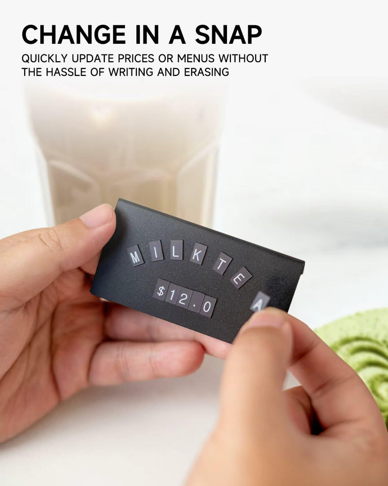 Mini Magnetic Letter Display Signs – Chalkboard-Style Reusable Food Price Labels | 12 Metal Boards + 900 Magnetic Characters for Bakery, Café, Dessert Shop, Deli & Catering Use Black 3.15 x 1.46 Inches 12 Metal Sign + 4 Letter Sheet (3.15 x1.46")