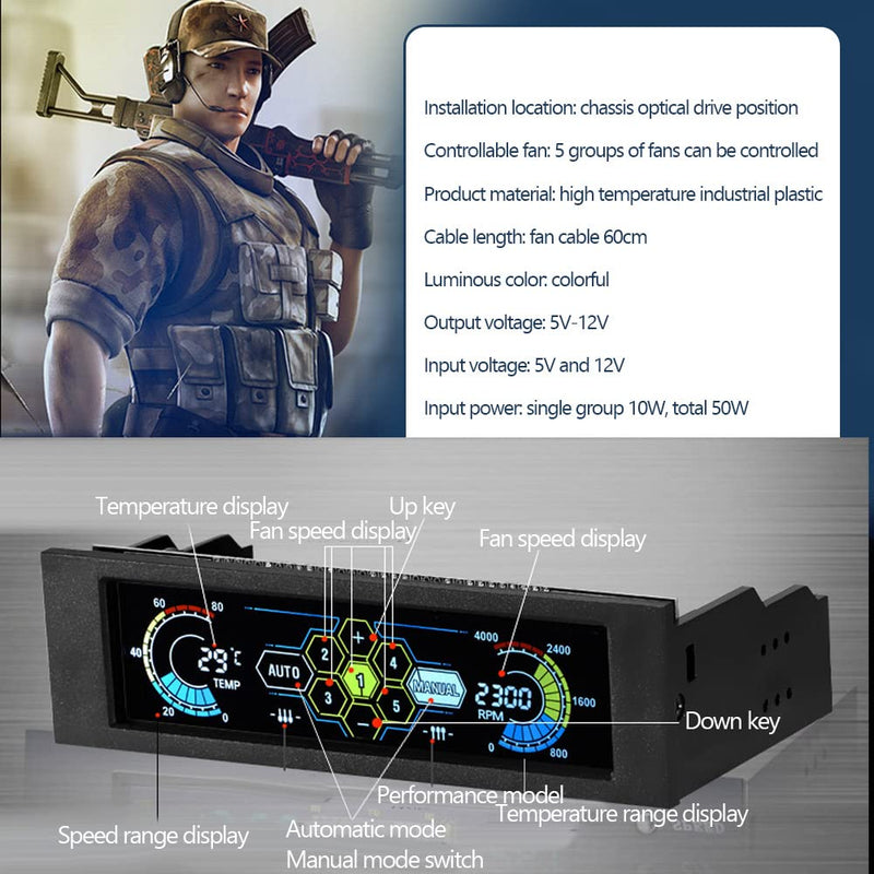 [Australia - AusPower] - Front LCD Panel for 5 Fans Speed Controller, CPU Temperature Sensor, Computer Cooling, Drive Bay, AUTO/Manual Mode Switch 
