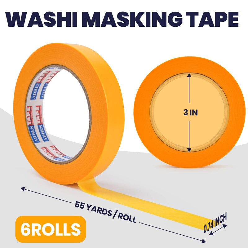 ADHES Orange Washi Masking Tape, 0.74in x 60yds x 6rolls, Paint & Surface Protection Tape, Easy Tear, No Residue Painters Tape for DIY, Home, Wall, Furniture, Craft Projects