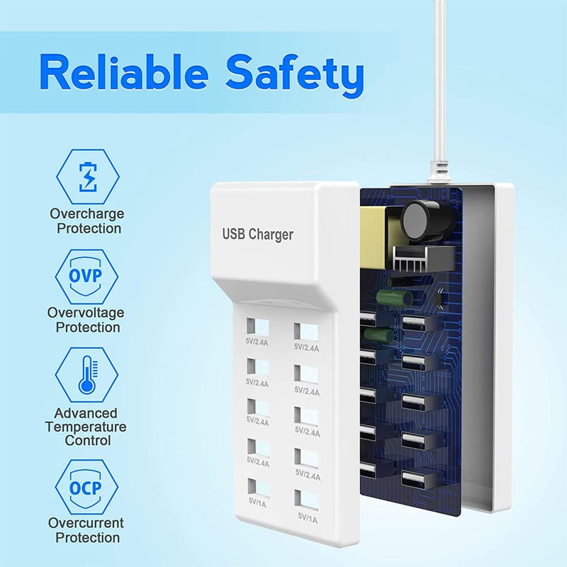 [Australia - AusPower] - 10-Port USB Wall Charger Station with Rapid Charging Auto Detect Technology Safety Guaranteed Family-Sized USB Ports for Multiple Devices Smart Phone Tablet Laptop Computer White 