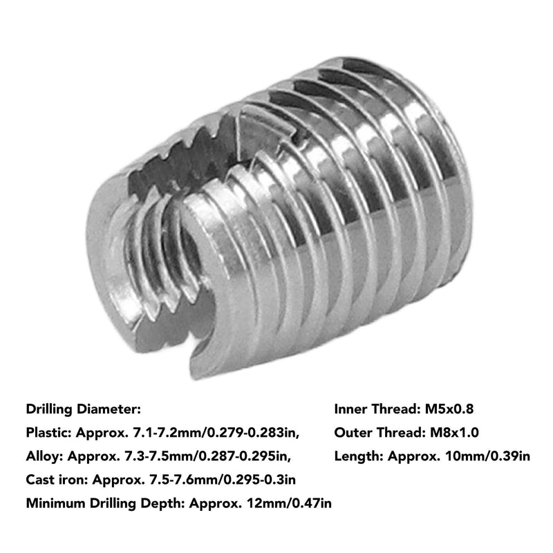[Australia - AusPower] - 20 Pcs Self Tapping Insert Stainless Steel Slotted Wire Thread Repair Insert with M5x0.8 Female M8x1.0 Male Thread, 12mm Minimum Drilling Depth Quick Thread Insert 