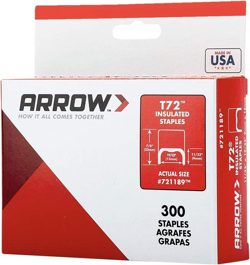 Arrow 721189 T72 Heavy Duty Steel Insulated Staples for Installing Cable/Wiring, 11/32-Inch Leg Length, 19/32-Inch Crown, 300-Pack