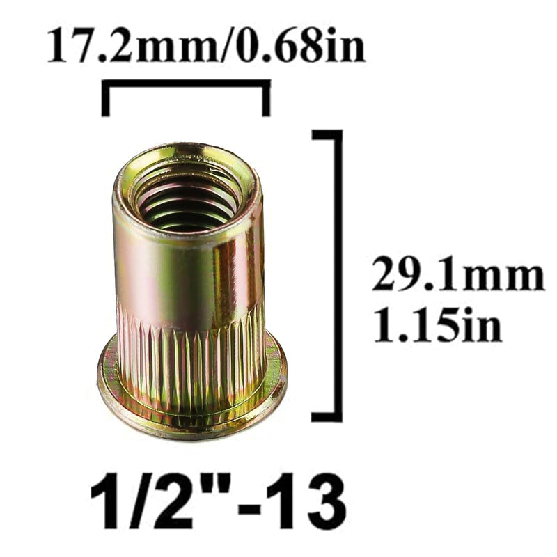 [Australia - AusPower] - Rivet Nut 1/2"-13 UNC 20Pcs Yellow Zinc Plated Finish Flat Head Rivnut Threaded Insert Nut Knurled Body (Yellow 1/2"-13) 