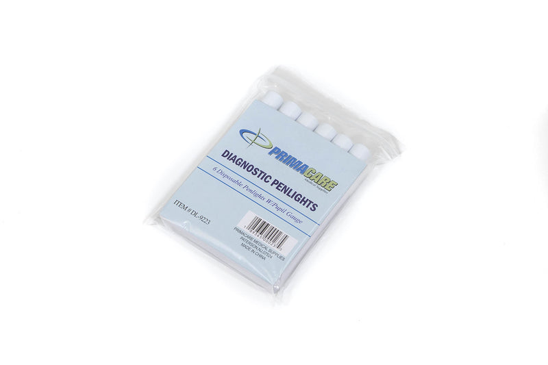 [Australia - AusPower] - Primacare DL-9223 Pack of 6 Disposable Diagnostic Penlight with Imprinted Pupil Gauge, Lightweight and Moulded Plastic Body Medical Pen Light for Nurse, Student, Doctors EMT, White 