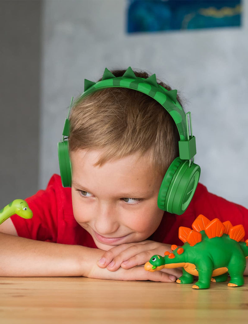 [Australia - AusPower] - SIMJAR Dinosaur Kids Headphones with Microphone for School, Volume Limiter 85/94dB, Over-Ear Girls Boys Headphones for Kids with Foldable Wired Headphones for iPad/Travel/Tablet Green 