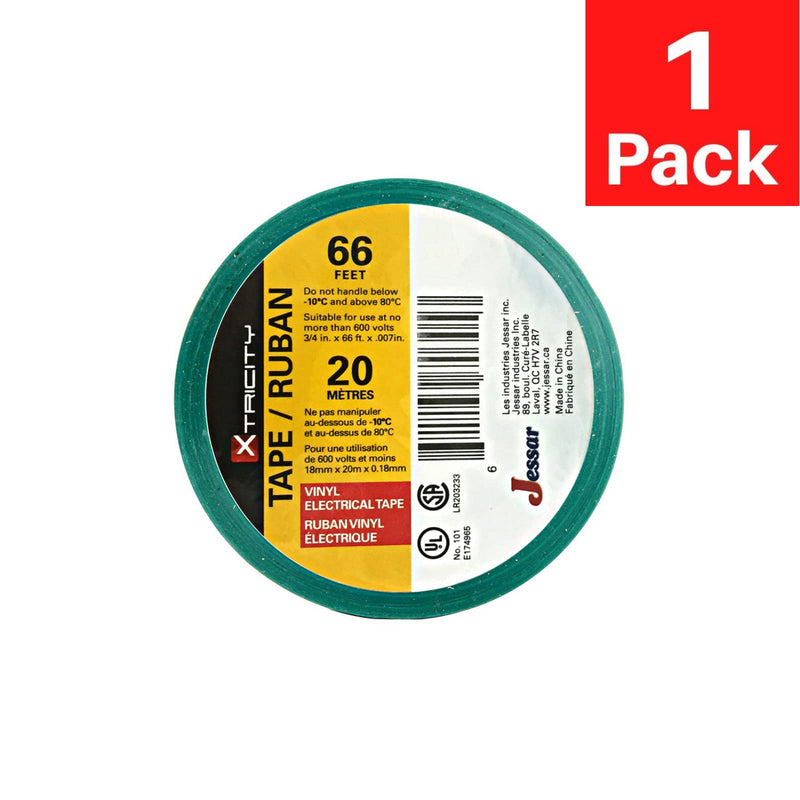 Xtricity Vinyl Green Electrical Tape 3/4 inch x 66 Ft for Electrical Insulation, Wire Bundling and DIY Repairs – Durable, Stretchy, General Purpose – Up to 600V (1 Pack) 1 Pack