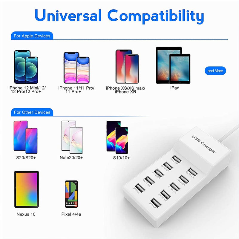 [Australia - AusPower] - 10-Port USB Wall Charger Station with Rapid Charging Auto Detect Technology Safety Guaranteed Family-Sized USB Ports for Multiple Devices Smart Phone Tablet Laptop Computer White 
