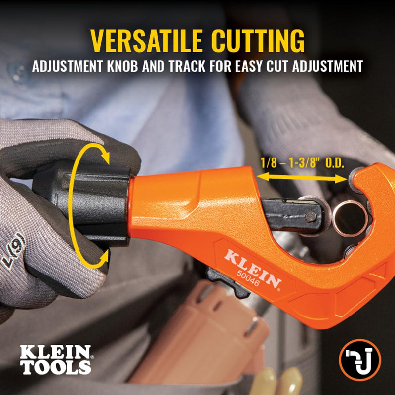 [Australia - AusPower] - Klein Tools 50046 Constant Swing Tubing Cutter for Copper and Aluminum, 1/8 to 1 3/8-Inch O.D. with Deburring Tool and Replacement Blade 
