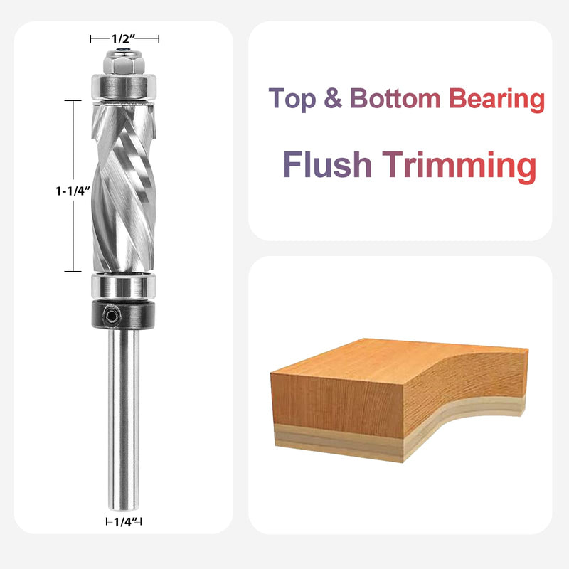 SpeTool Double Bearing Spiral Flush Trim Router Bit 1/4 Inch Shank 1/2 Inch Cutting Diameter, Extra Long Carbide Compression Flush Cut Pattern Bit with Top and Bottom Bearing for Woodworking Uncoated 1/2" Dia-1-1/4" CL-1/4" Shank
