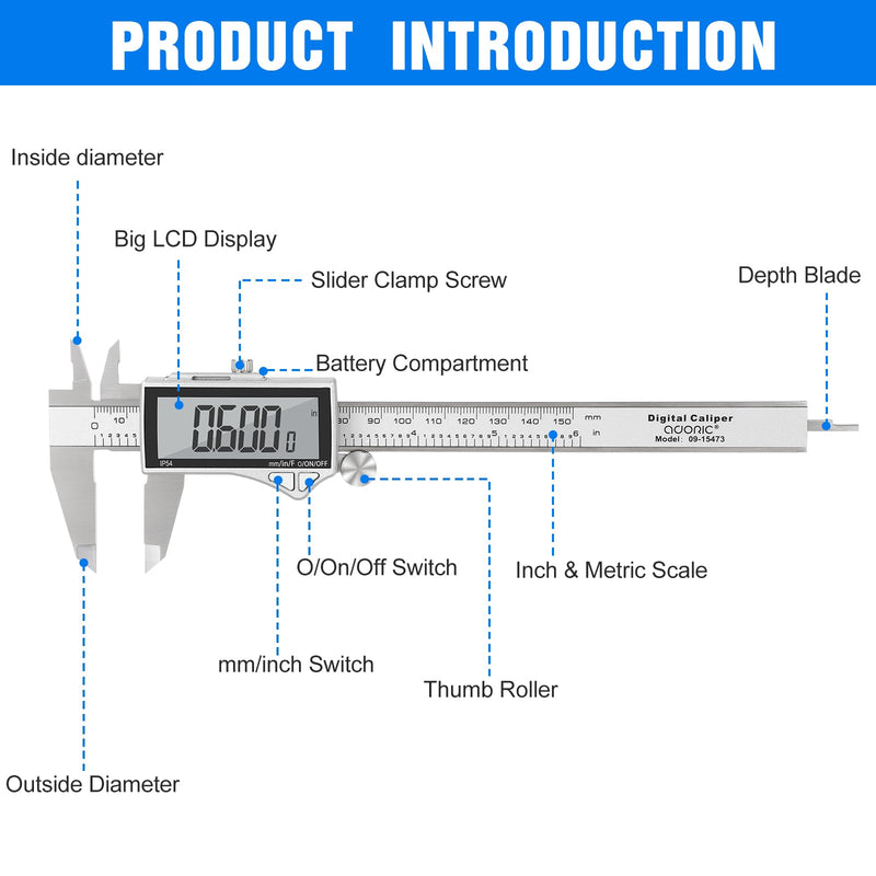 [Australia - AusPower] - Adoric Digital Caliper, Caliper Measuring Tool Stainless Steel Vernier Caliper Digital Micrometer with Large LCD Screen, Easy Switch from Inch Metric Fraction, 0-6" Caliper Tool for DIY/Household 6" Ss-large Lcd 