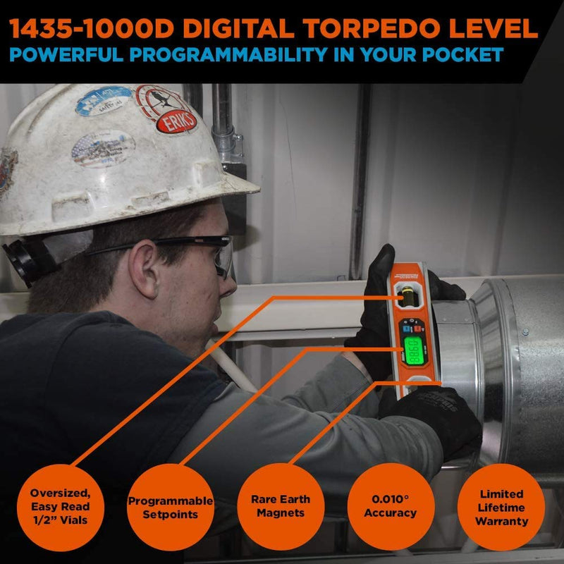 [Australia - AusPower] - Johnson Level & Tool 1435-1000D Magnetic Programmable Digital Torpedo Level, 10", Orange, 1 Level 