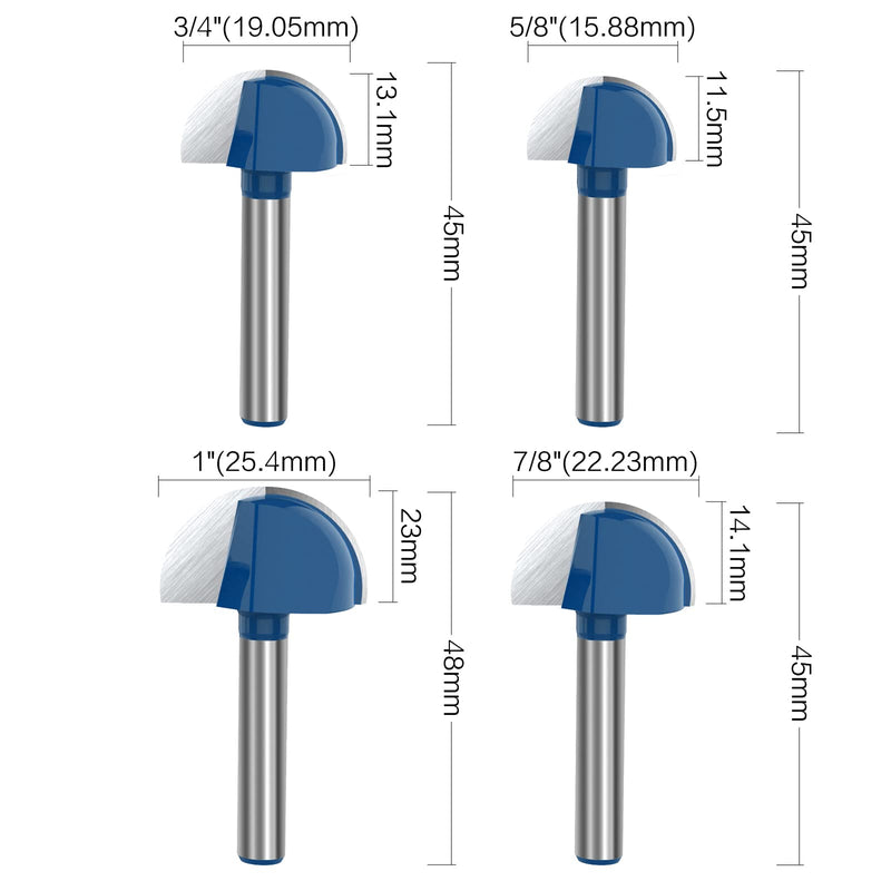 1/4 Inch Shank Cove Box Router Bit - 1/4" 5/16" 3/8" 1/2" 5/8" 3/4" 7/8" 1" Cutting Diameter Solid Carbide Double Flute Core Box Round Nose Woodworking Tool 8 Pcs Cove Box Bit 8PCS-Blue
