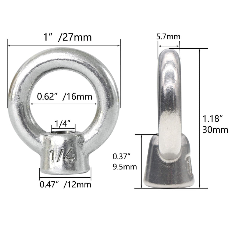 [Australia - AusPower] - 4 Packs 316 Stainless Steel Lifting Eye Nut 1/4" UNC Marine Grade, Female Thread Fastener Ring Shaped Eye Nut 1/4" 4 