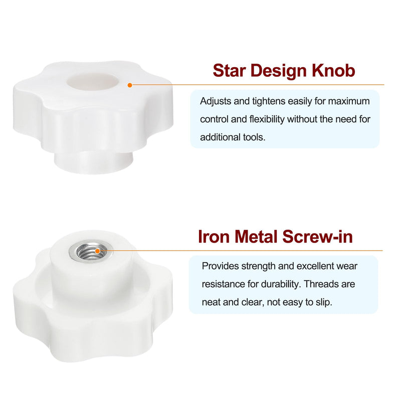 [Australia - AusPower] - 4pcs Star Knobs M8 Female Thread 48mm Head Plastic Through Hole Brass Screw-in Clamping Handles Threaded Hand Knobs, White M8 x 48mm 