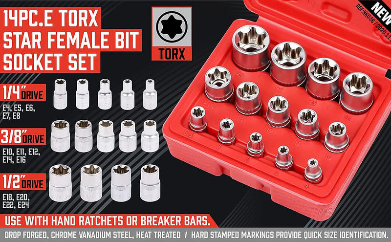 [Australia - AusPower] - SEDY 14-Piece E-TORX Socket Set - Premium Female Torx Socket Set, Ultimate Star Socket Set, Torque Socket Set, External Torx Socket Set, E4 E5 E6 E7 E8 E10 E11 E12 E14 E16 E18 E20 E22 E24 Socket Set 