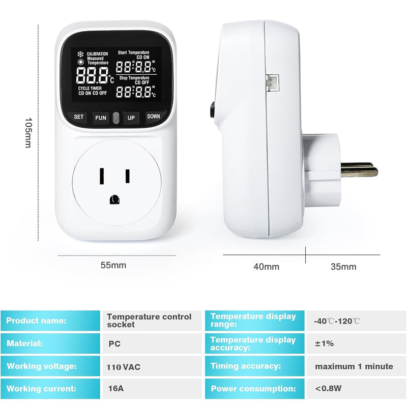 [Australia - AusPower] - KABASI Digital Temperature Controller, Heavy Duty 15A/ 1800W Thermostat Outlet with Sensor, Heating Cooling Control Timer Plug Socket for Greenhouse Refrigerator Terrarium Aquarium, -104℉~210℉ 