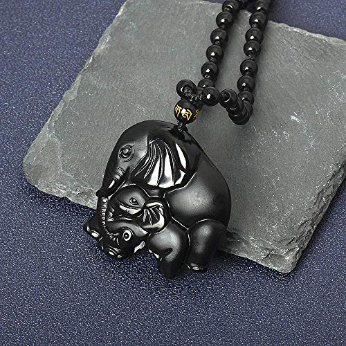 ASGIFT Obsidian Lucky Necklace Power Stone Amulet Protection Pendant with Adjustable Bead Chain Healing Crystal Spiritual Gift Elephant Mother