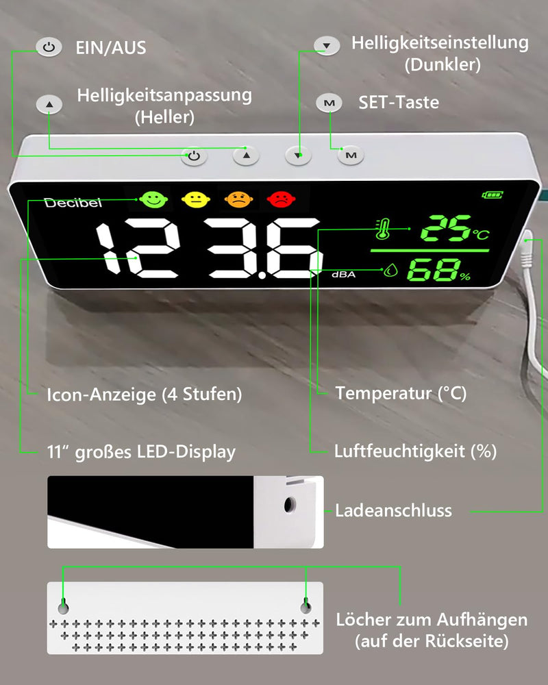 Digital Decibel Meter, 3-in-1 Sound Level Meter, Wall Hanging, Sound Level Meter with Temperature & Humidity, 30 ~ 130 dB, 11 Inch Large LED Screen, for Home, Baby Room, Library White
