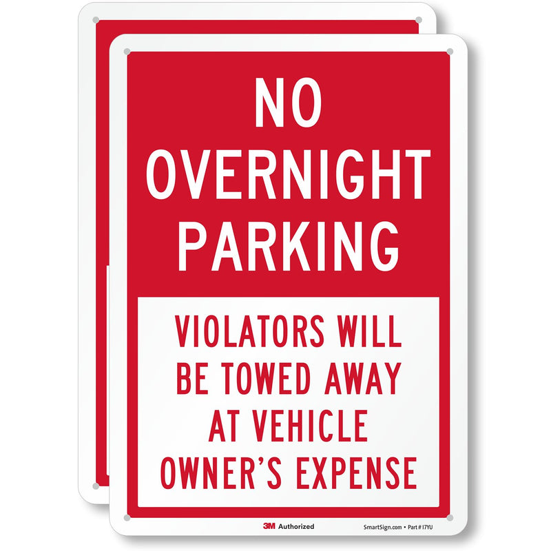 SmartSign 2-Pack 'No Overnight Parking Violators Towed Away At Vehicle Owner's Expense' Sign, 10" x 14", 40 mil Aluminum, 3M Laminated Engineer Grade Reflective Material, Red and White, Made in USA Pack of 2