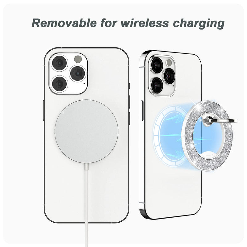 [Australia - AusPower] - Magnetic Phone Ring Holder for magsafe, Glitter Magnetic Grip Compatible with iPhone 15 14 13 12 Pro max,Pro,Plus,Mini Mag Safe Accessories,Adjustable Kickstand Wireless Charging,Silver Glitter Silver 