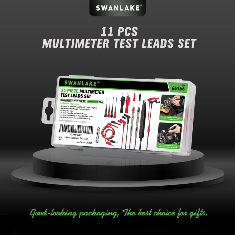 [Australia - AusPower] - SWANLAKE 11-Piece Multimeter Test Leads Set, CAT III 1000V 20A Multimeter Probes with Alligator Clips, Needle Probe, Banana Plug to Hook Clip, Soft Silicone Volt Meter Lead 